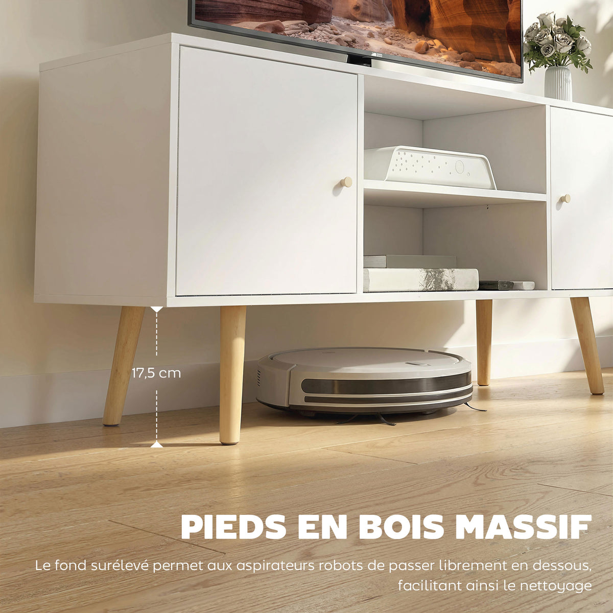 Meuble TV style scandinave 2 portes 2 niches passe-fils piètement bois pin panneaux blanc - 120 x 34 x 50 cm blanc