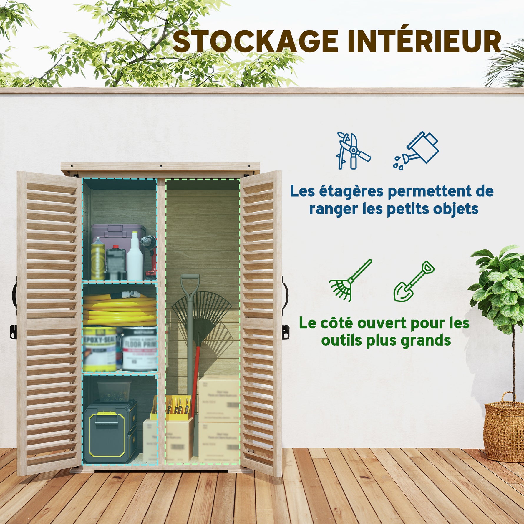 Armoire de jardin remise pour outils en bois 2 étagères toit bitumé portes persiennes verrouillable 75 x 50 x 118