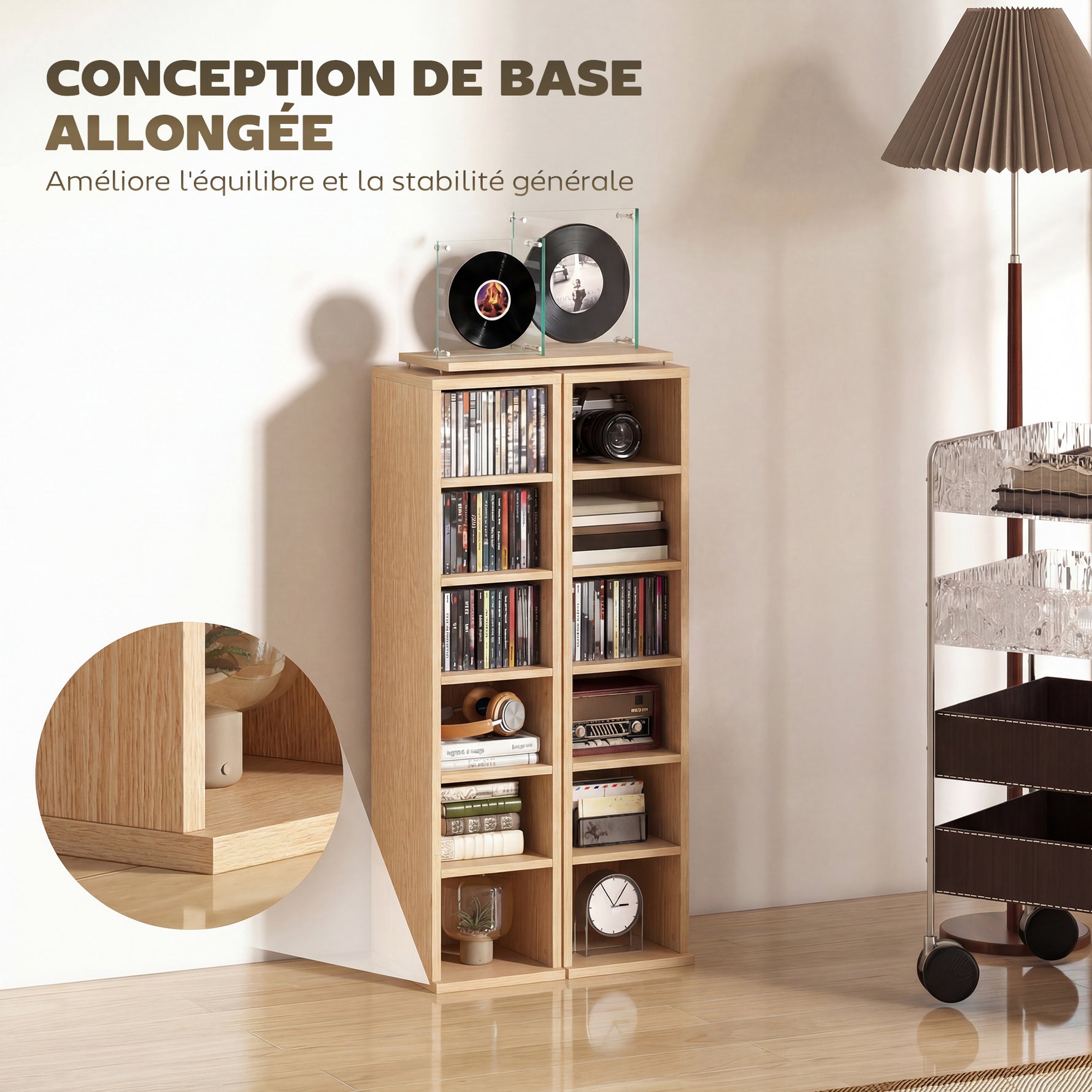 Lot de 2 étagères colonnes armoire de rangement CD-DVD 12 compartiments 21 x 22,5 x 88,5 cm capacité 204 CD bois naturel