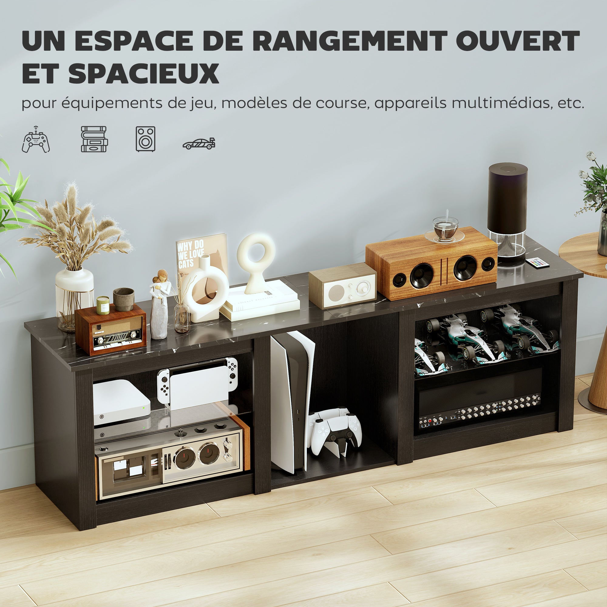 Meuble TV avec éclairage LED pour télévision jusqu'à 70 pouces, 160cm avec étagères en verre réglables, noir