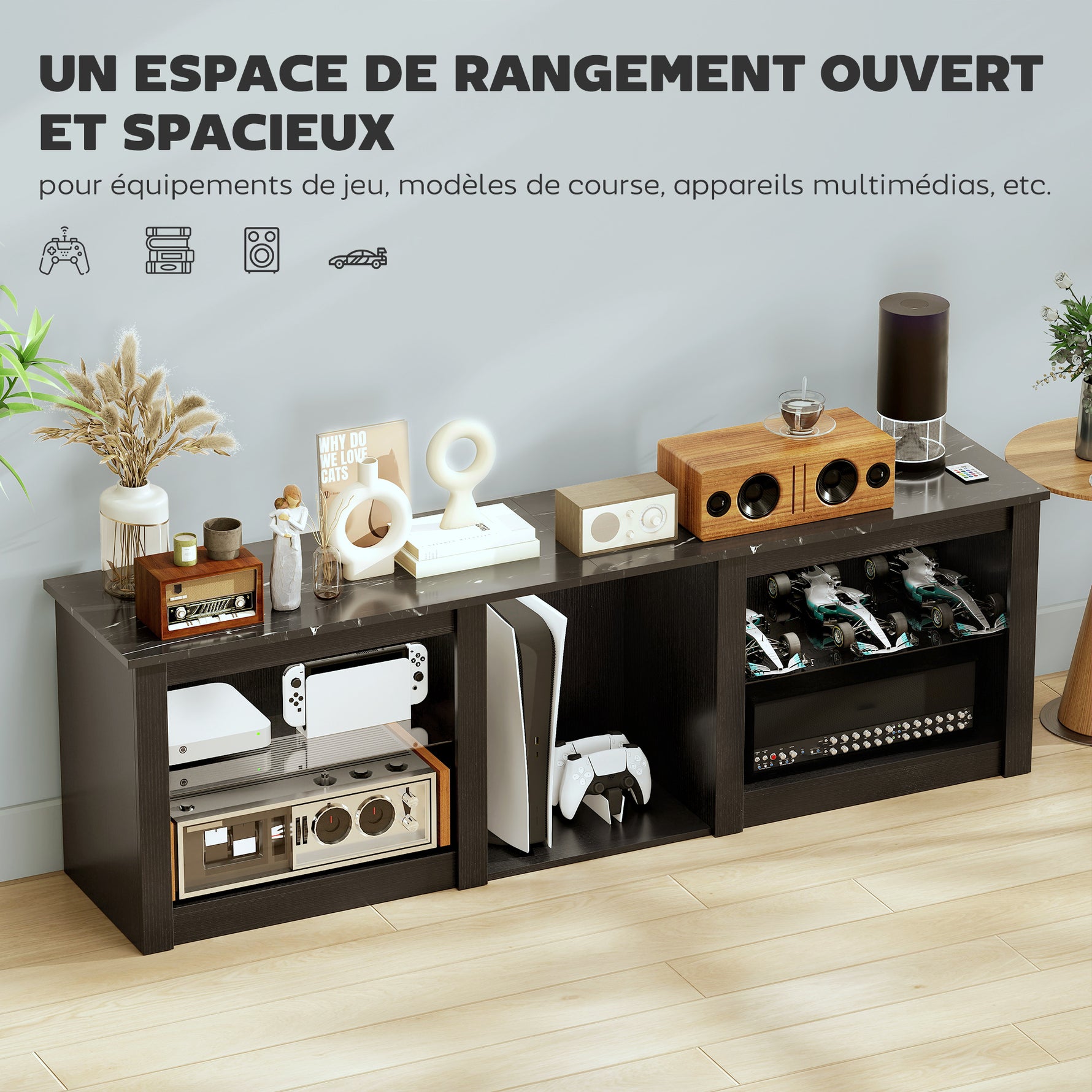 Meuble TV avec éclairage LED pour télévision jusqu'à 70 pouces, 160cm avec étagères en verre réglables, noir