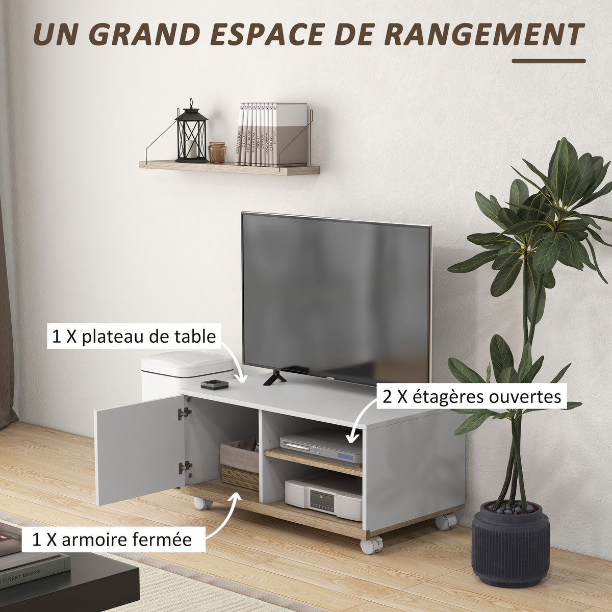 Meuble TV sur roulettes avec 2 Freins - 2 niches + Placard Porte 2 Passe-Fil - en bois Blanc chêne Clair