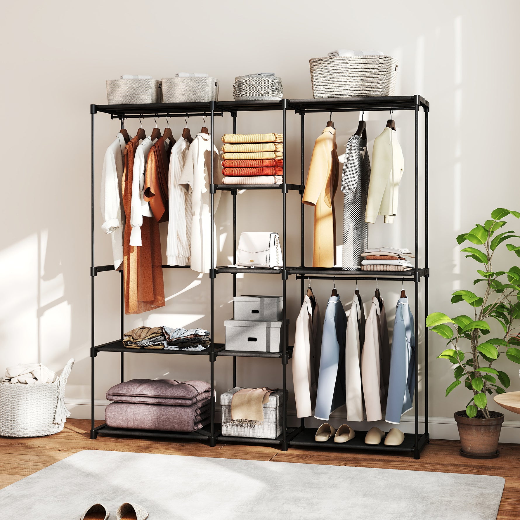 Armoire de rangement, penderie en tissu avec barre de suspension et étagères, 182 x 43 x 185 cm, noir