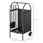 Range-bûches porte bûches sur roulettes avec accessoires pelle balai et tisonnier 37,5 x 37,5 x 80 cm noir