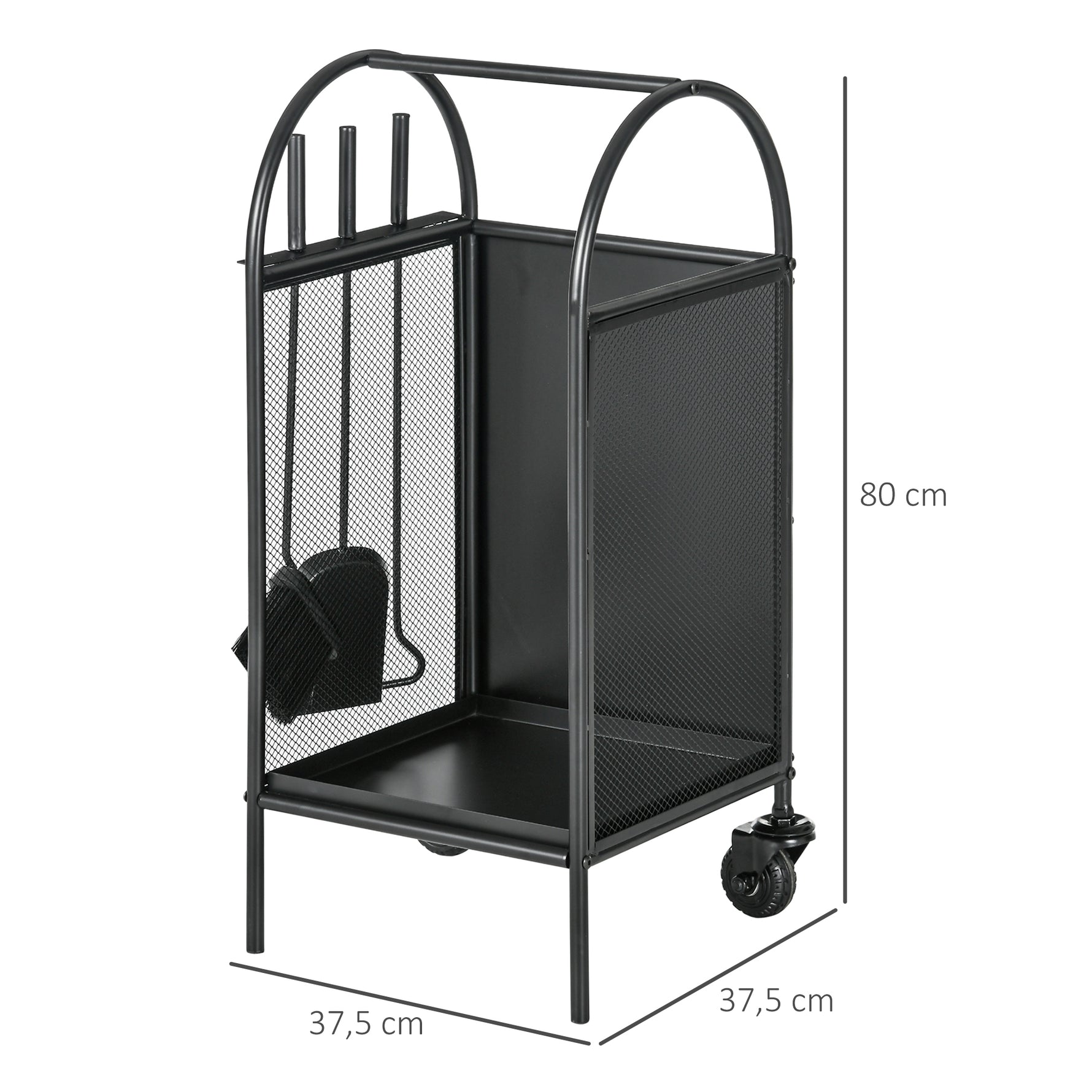 Range-bûches porte bûches sur roulettes avec accessoires pelle balai et tisonnier 37,5 x 37,5 x 80 cm noir