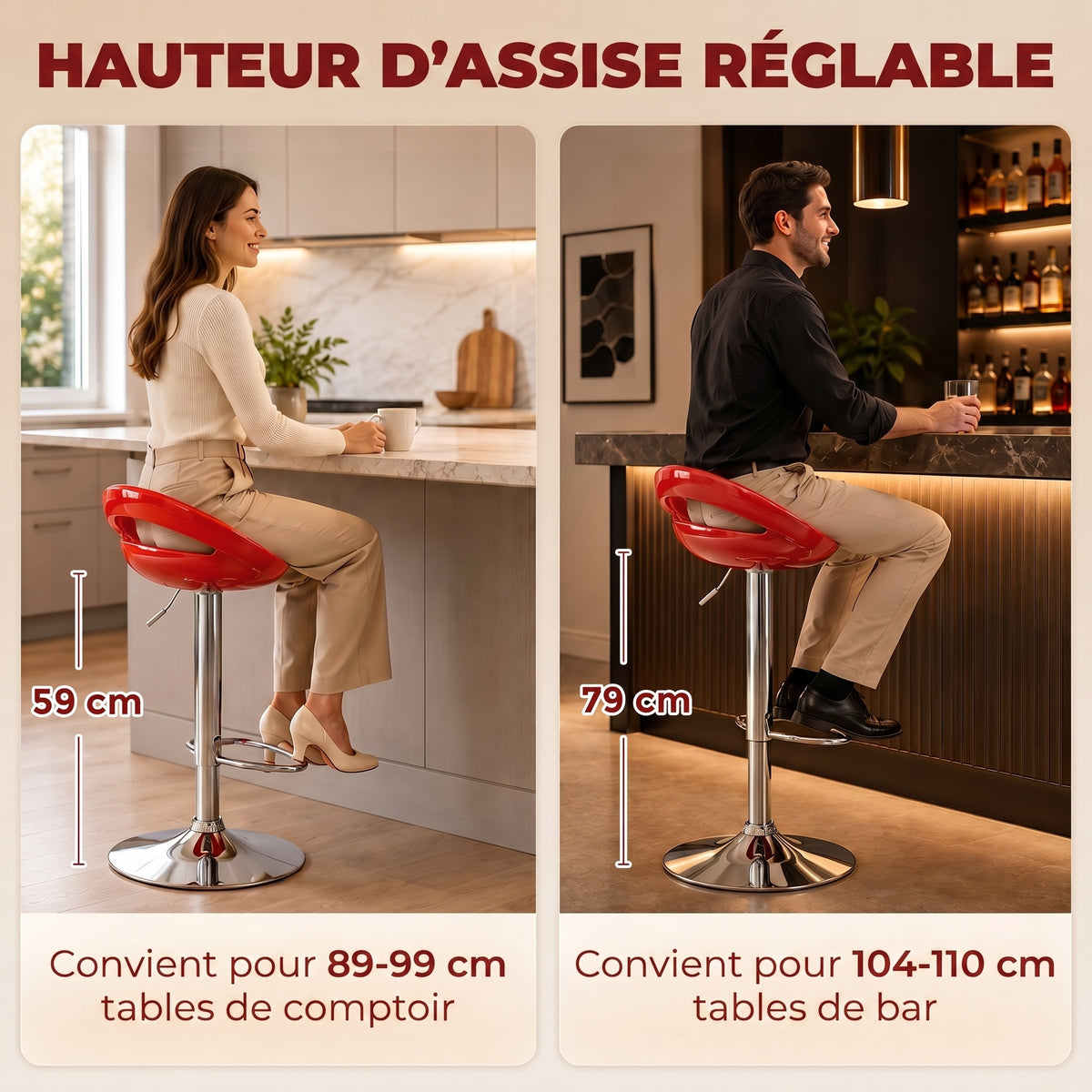 Lot de 2 tabourets de bar chaises de bar hauteur réglable dossier et repose-pieds pivotant à 360° 46x41x76-96cm rouge