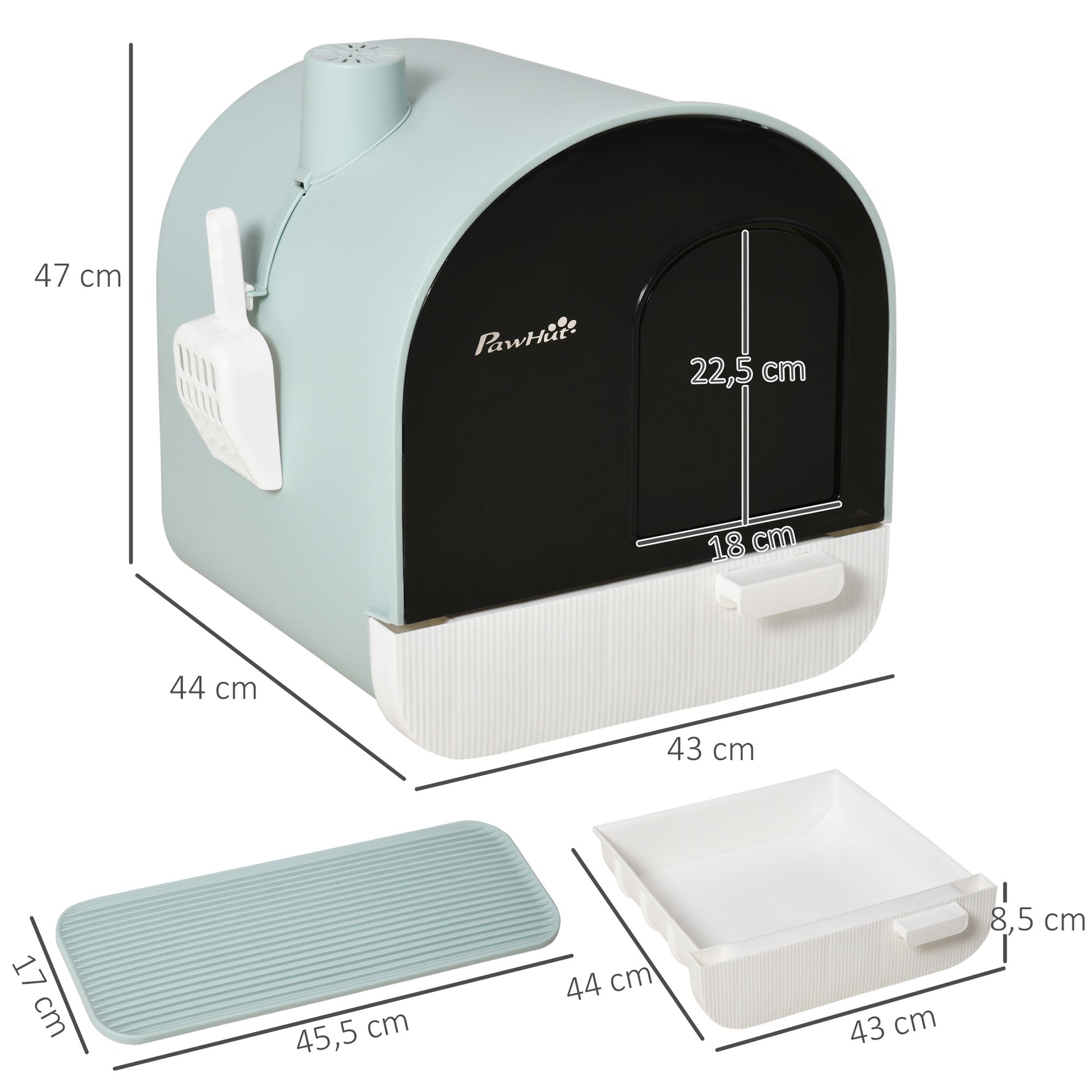 Lot de 2 bacs à litière pour chat avec porte battante, pelle et filtre inclus dim. 43L x 44l x 47H cm