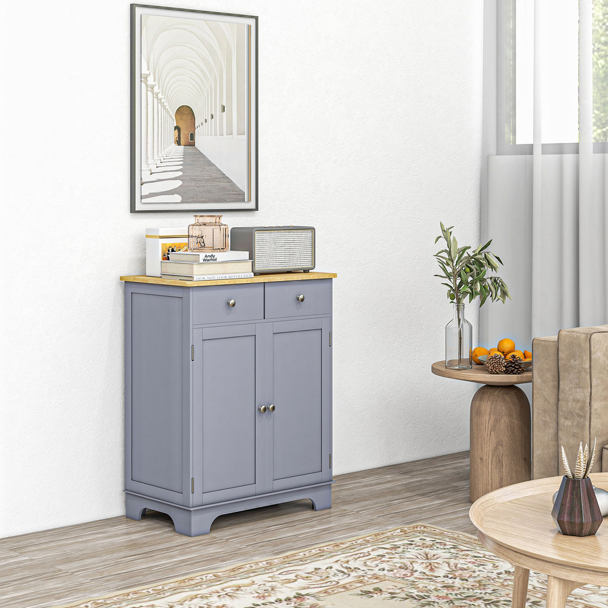 Opbergmeubel dressoir woonkamer met kasten, 2 lades en verstelbare planken, 68x40,3x85cm, grijs en naturel hout