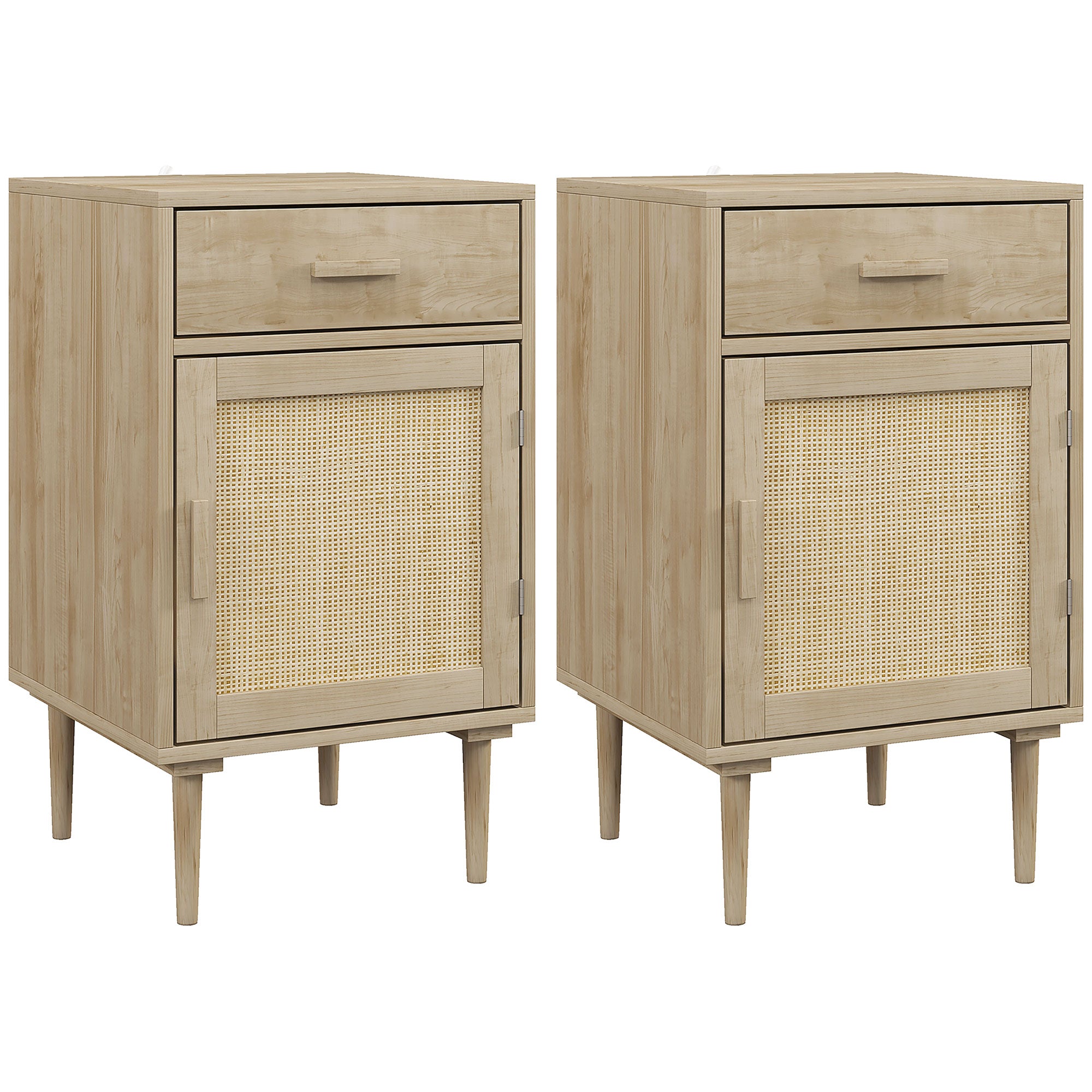 Lot de 2 tables de chevet avec placard et étagère porte rotin tissé 1 tiroir design bohème - 40 x 40 x 68,5 cm naturel