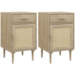 Lot de 2 tables de chevet avec placard et étagère porte rotin tissé 1 tiroir design bohème - 40 x 40 x 68,5 cm naturel