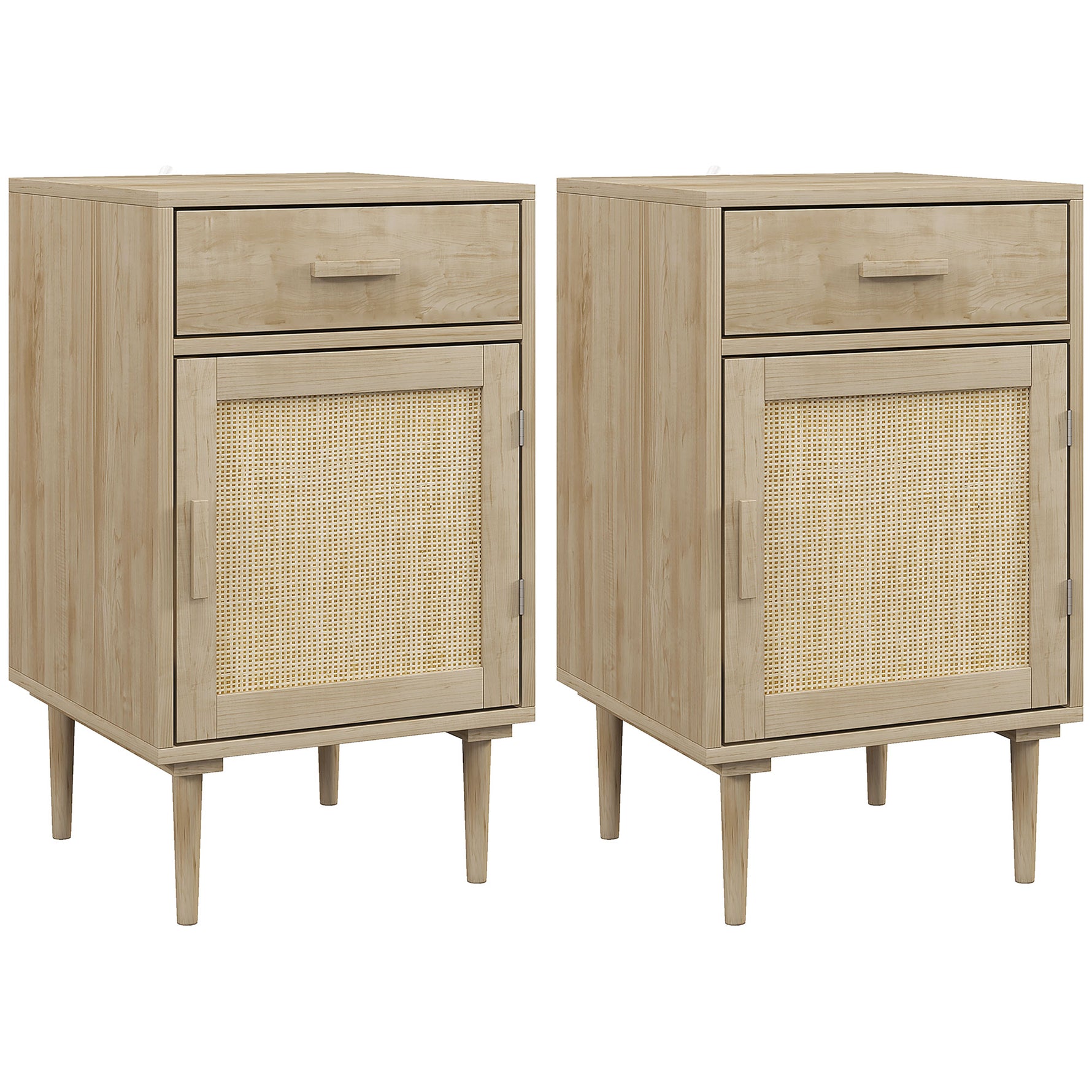 Lot de 2 tables de chevet avec placard et étagère porte rotin tissé 1 tiroir design bohème - 40 x 40 x 68,5 cm naturel