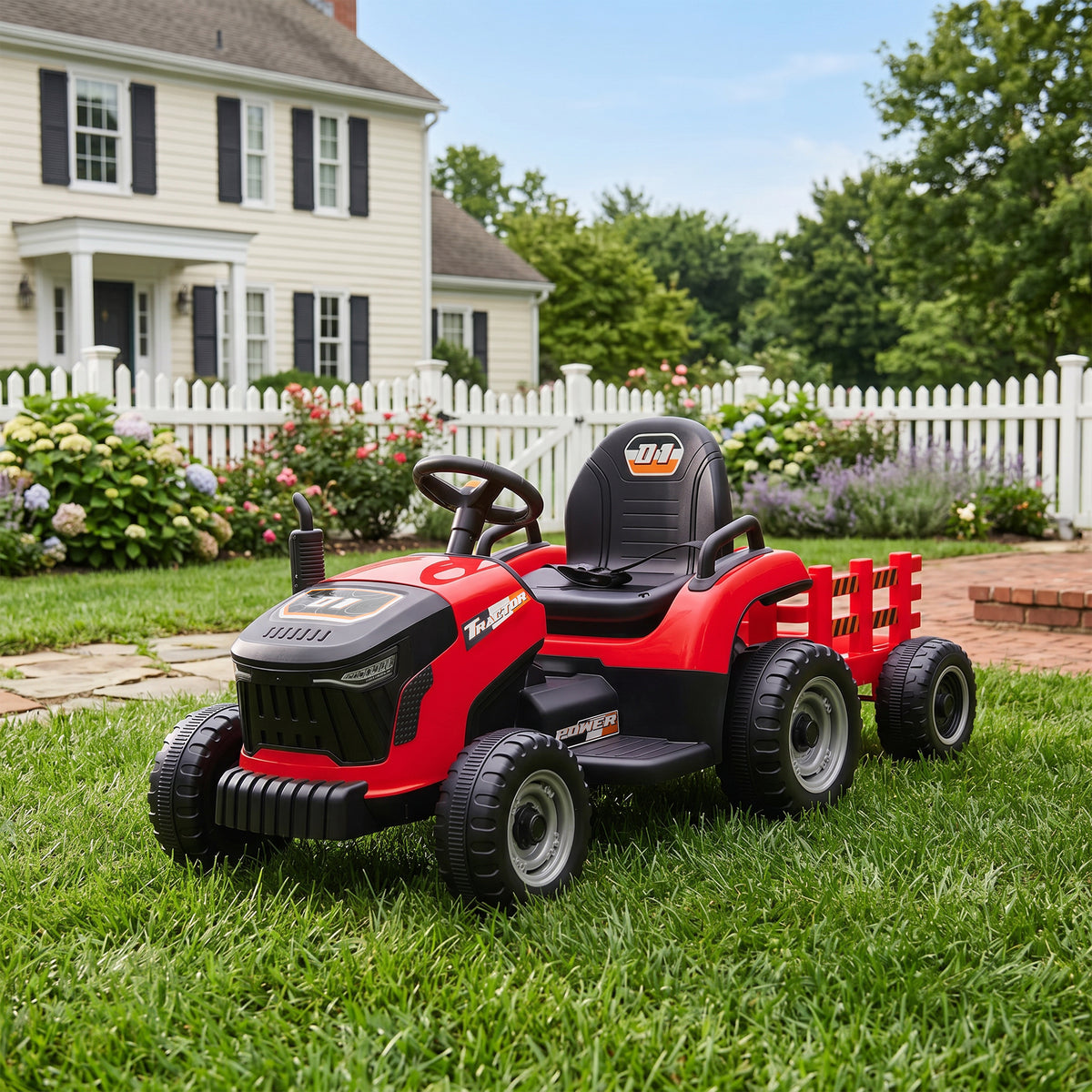 Tracteur électrique enfants avec remorque amovible, voiture électrique enfants, télécommande 2,4G, 139x58x55cm, rouge