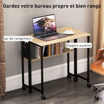 Bureau pliable sur roulettes 80 x 50 cm avec étagère et sac de rangement, chêne