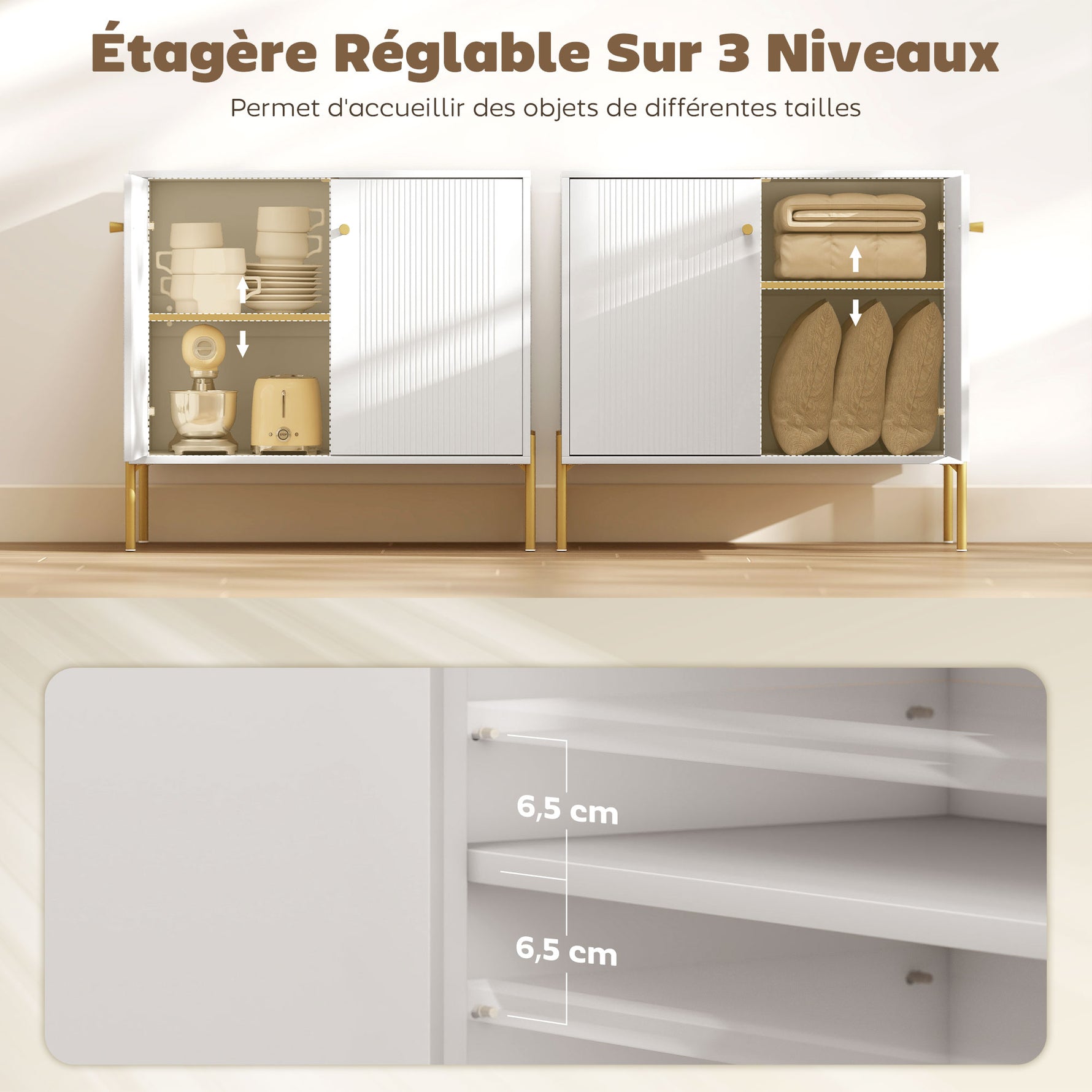 Buffet salon, meuble de rangement avec double porte cannelée, étagère réglable, pieds en acier, 80 x 39,1 x 76 cm, blanc