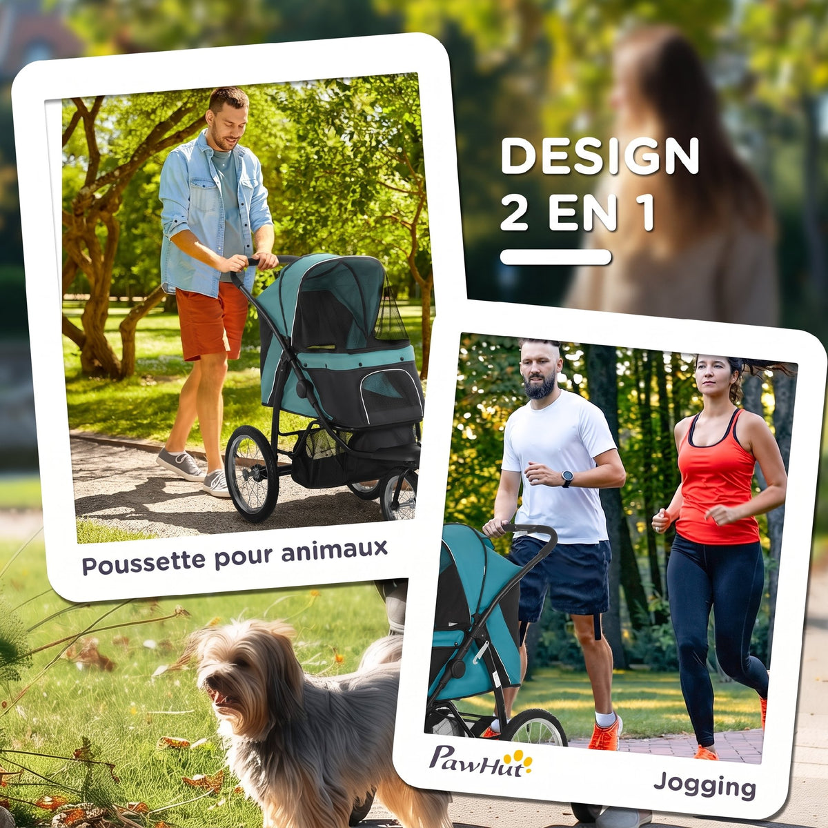 Poussette pour Chien Pliable Tout Terrain, Roue Avant Verrouillable, Coussin, Auvent Réglable, 111x58x107cm, Vert Foncé