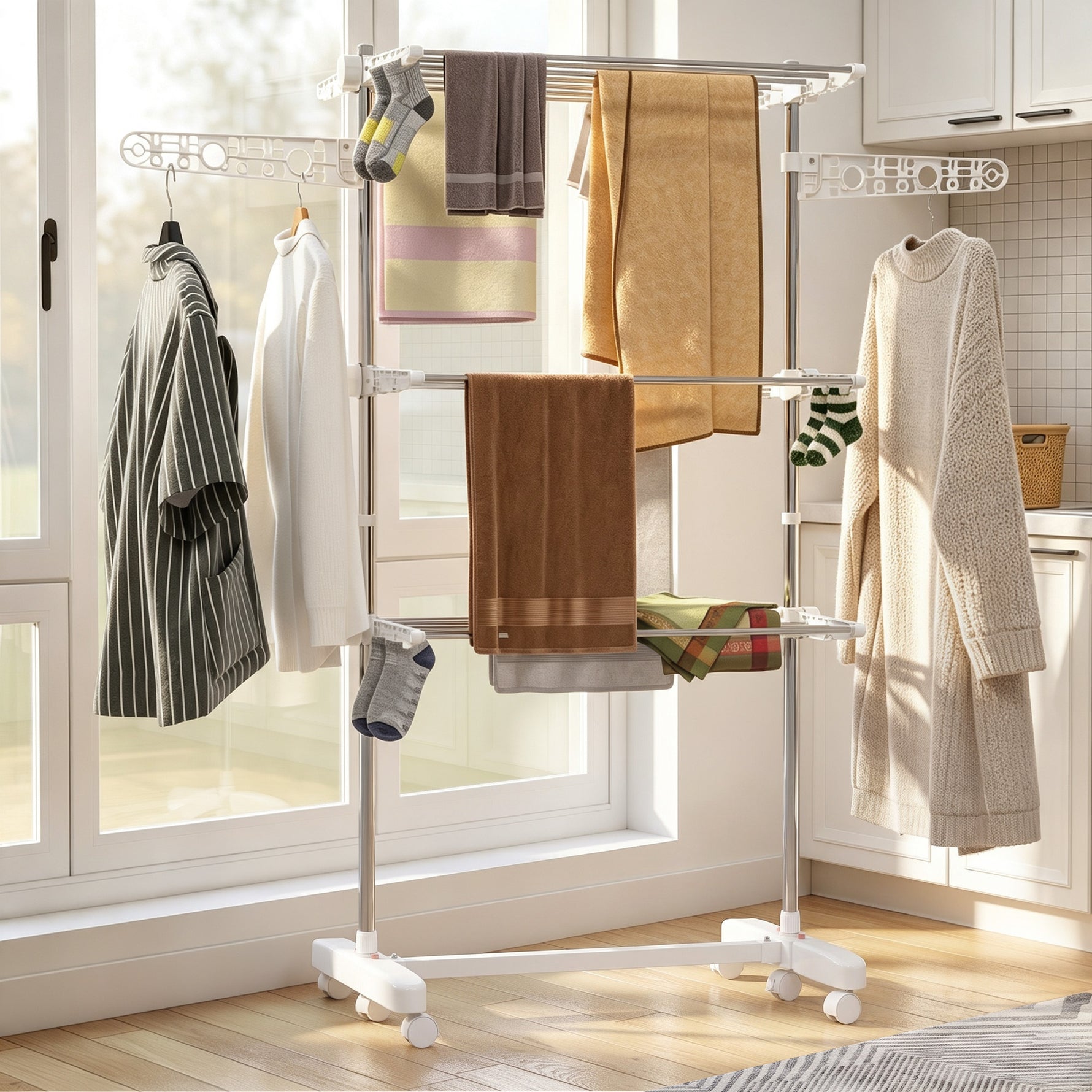 Étendoir à Linge 3 Niveaux, Sechoir a Linge avec 6 Roulettes, Pliable, Cadre en Acier Inoxydable et Ailes Latérales, pour Intérieur Extérieur, 142 x 55 x 152 cm, Blanc