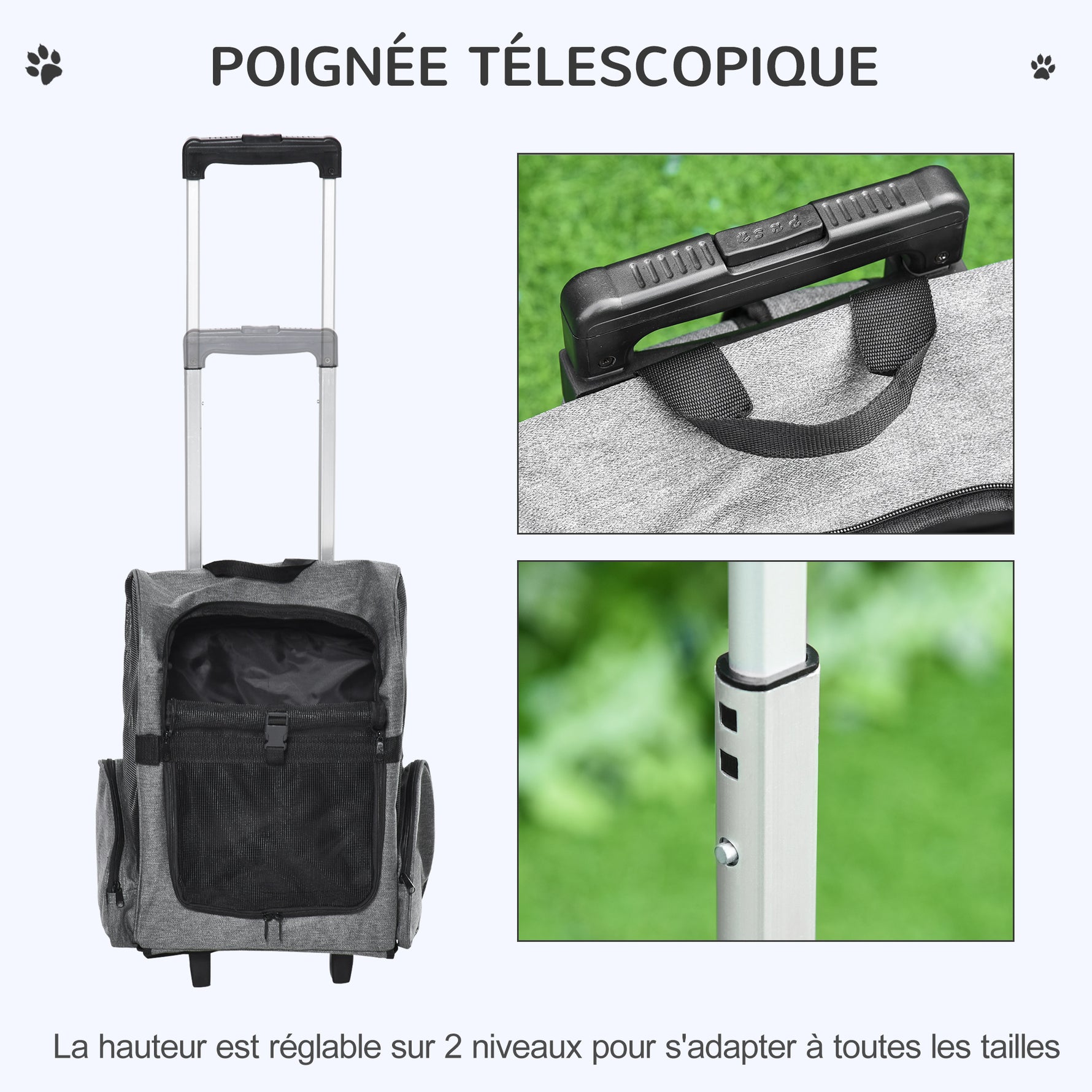 Sac de transport à roulettes pour chien 2 en 1 trolley chariot sac à dos pour chien chat avec poignée téléscopique, sacs de rangement, aérations, attache de sécurité, 42 x 25 x 55 cm, gris