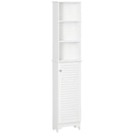 Mueble columna para baño, 3 nichos, armario con puerta de persiana, 3 estantes, MDF, paneles de partículas, blanco