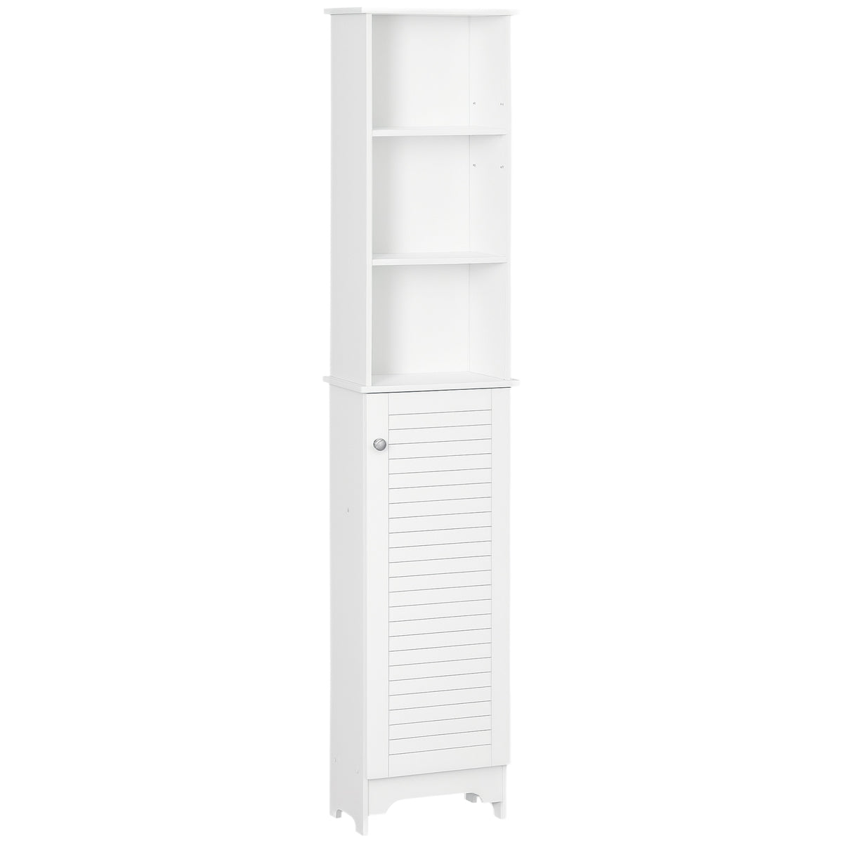 Mueble columna para baño, 3 nichos, armario con puerta de persiana, 3 estantes, MDF, paneles de partículas, blanco