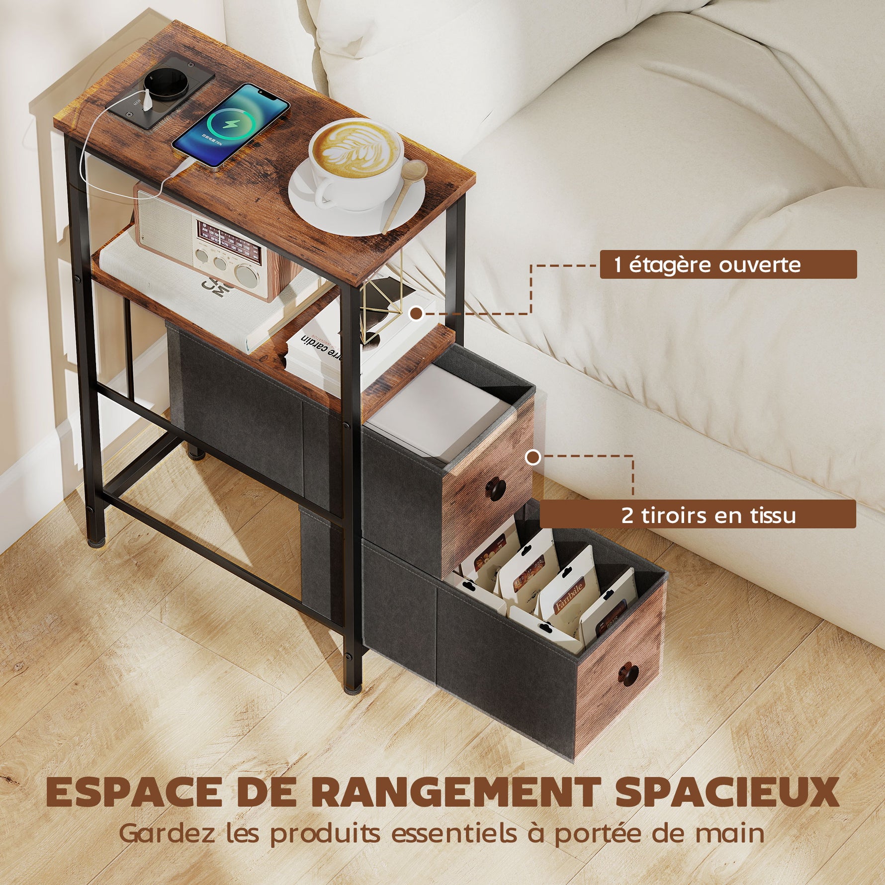 Table d'appoint avec station de charge, table de salon étroite avec 2 tiroirs en tissu, étagère ouverte, brun rustique