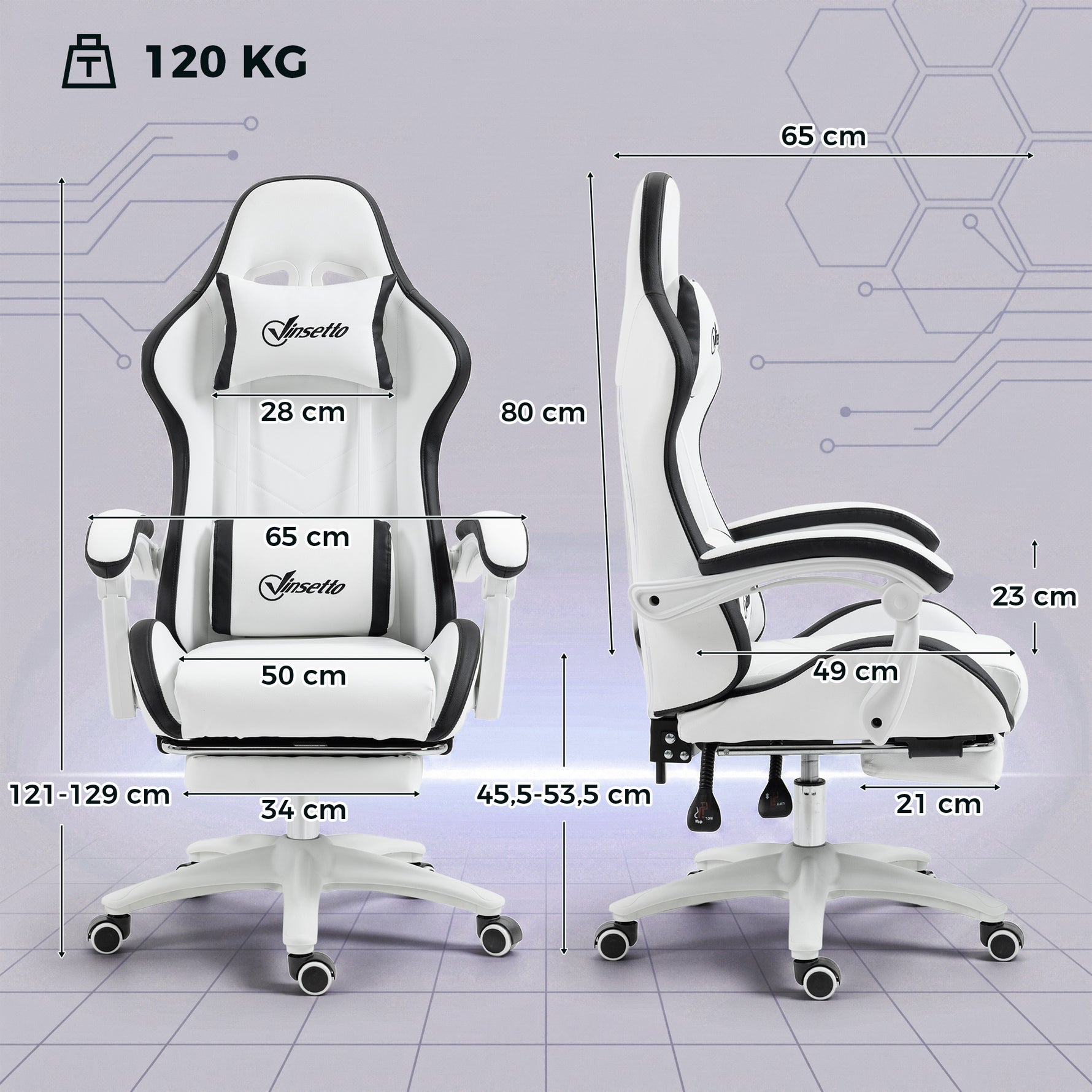 Siège gaming fauteuil gaming dossier inclinable 135° avec appui-tête repose-pieds 65l x 65P x 121-129H cm blanc et noir