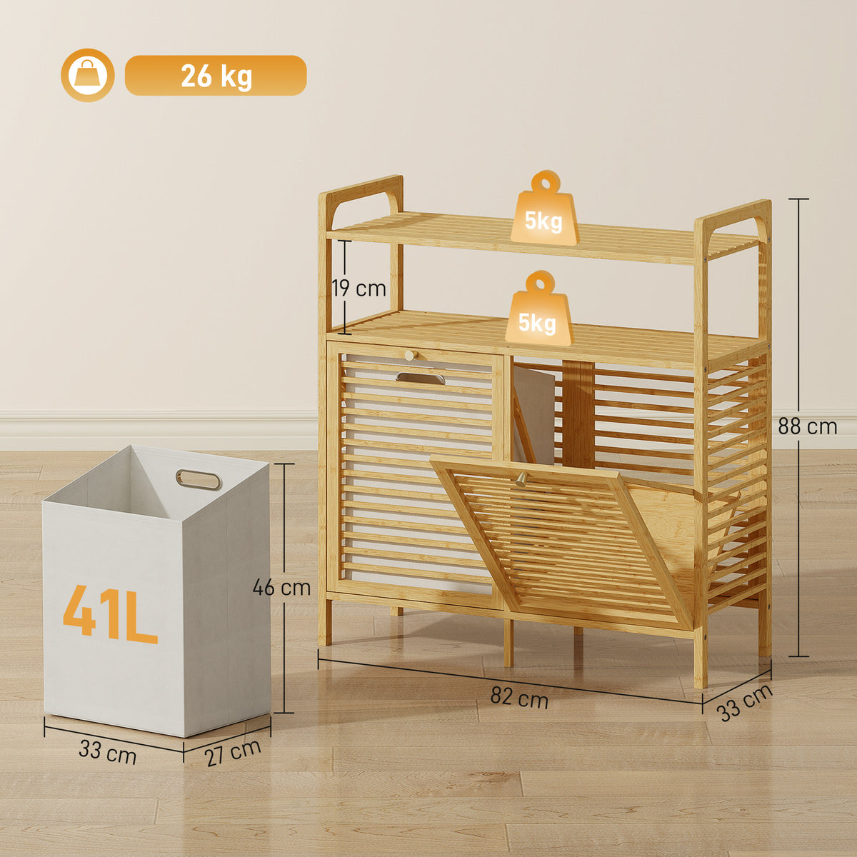 Meuble salle de bain en bambou, armoire salle de bain avec 2 paniers à linge et 2 étagères, 82x33x88cm, bois naturel