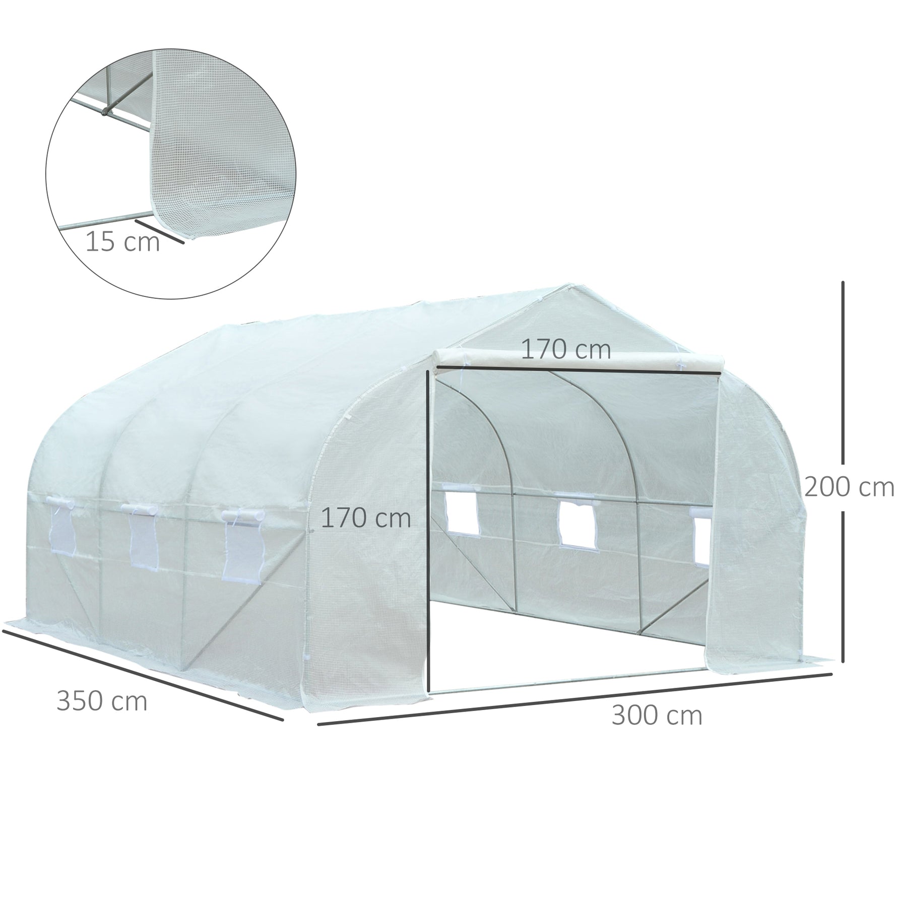 Serre Tunnel de Jardin 10,5 m² dim. 3,5L x 3l x 2H m Porte + 6 fenêtres enroulables Acier galvanisé bâche PE Haute densité Blanc
