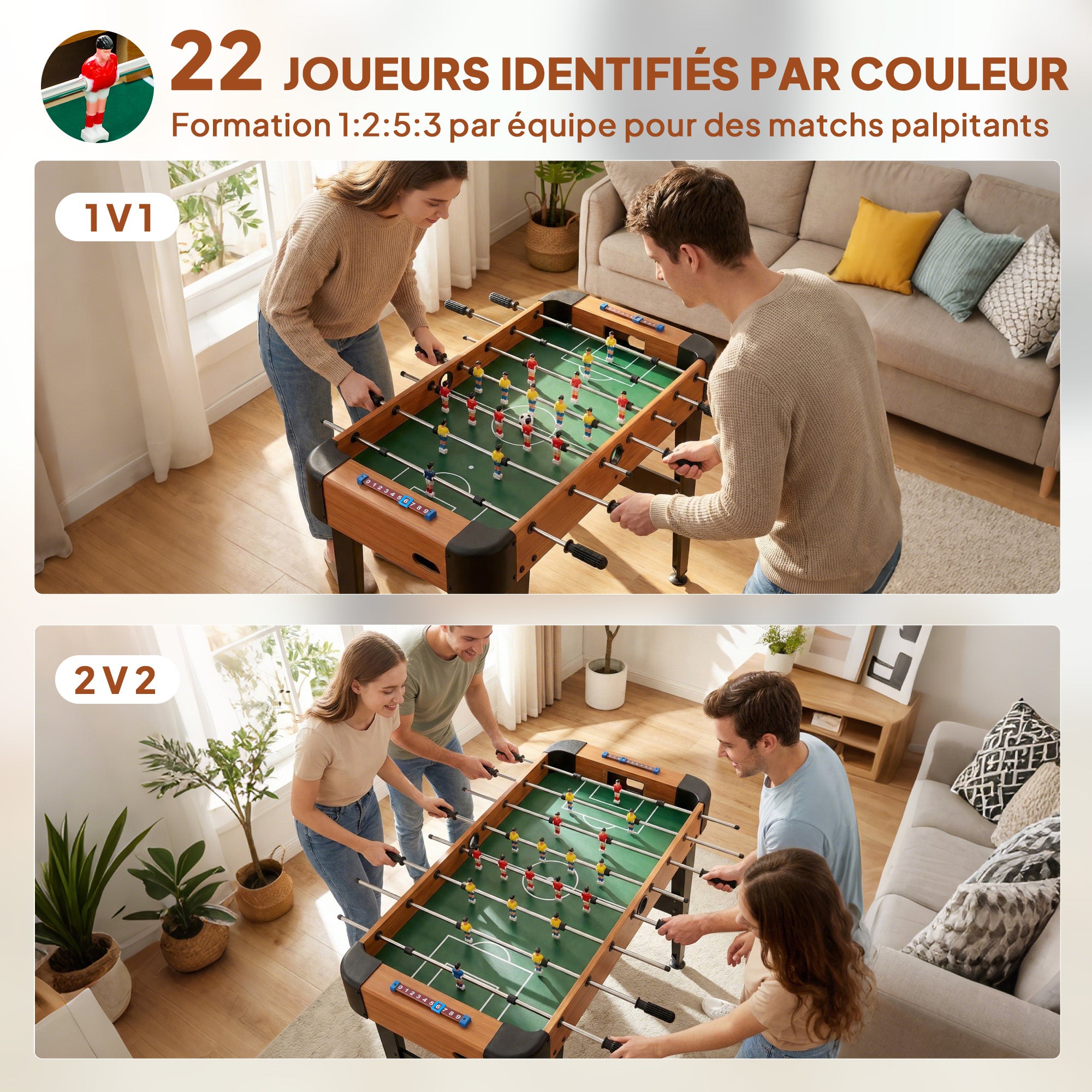 Calcio balilla 92 cm, 22 giocatori, 2 palline, segnapunti manuali, manopole antiscivolo, marrone