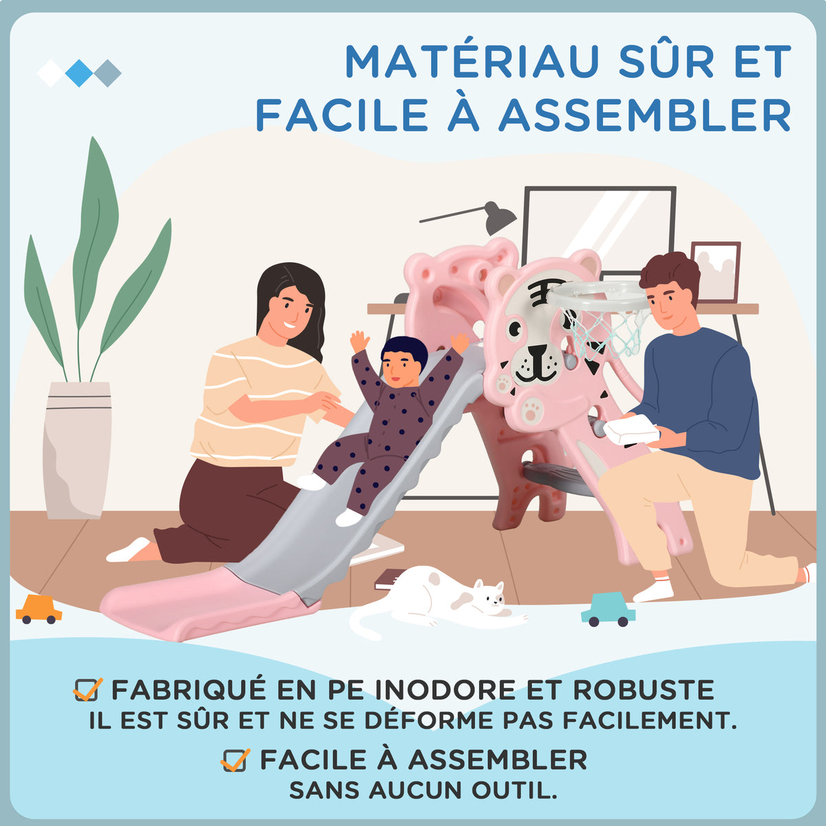 Toboggan pour enfants, toboggan intérieur pour enfants, avec panier de basket, thème tigre, de 18 à 36 mois, rose