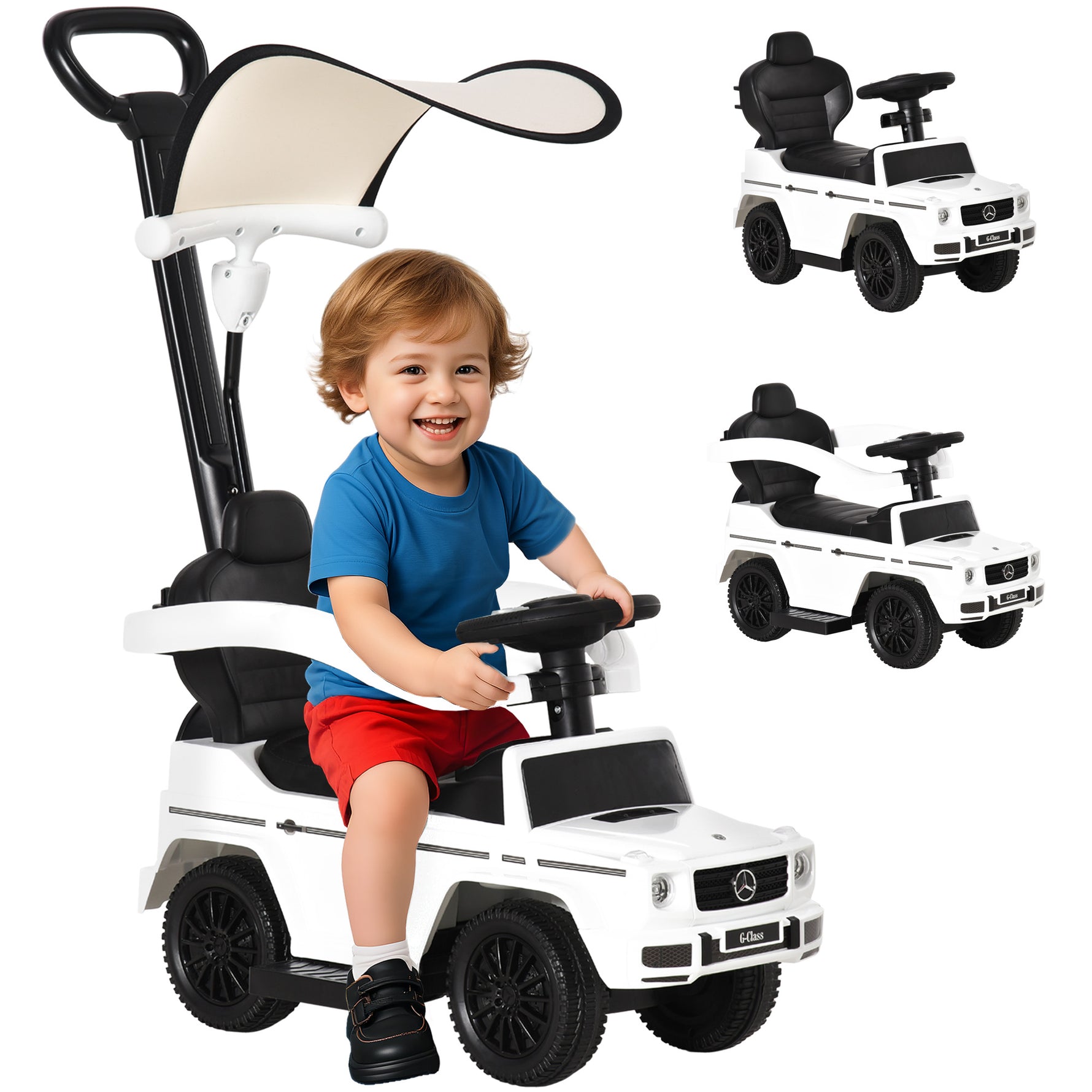 Porteur Enfants Voiture Enfant Multi-équipée 12-36 Mois klaxon Marche-Pieds, Garde-Corps et ombrelle Blanc