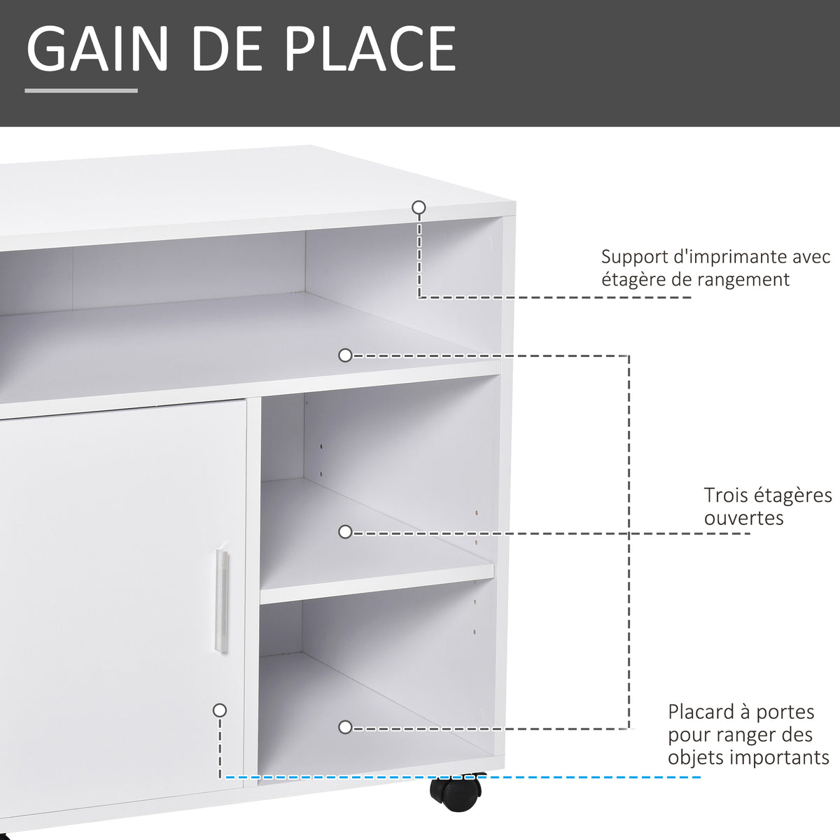 Support d'imprimante organiseur bureau caisson placard porte 3 niches + grand plateau panneaux particules blanc