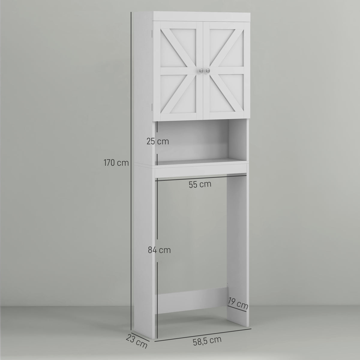 Armoire de rangement dessus des toilettes, meuble de salle de bain placard 2 portes étagère 58,5L x 23l x 170H cm blanc