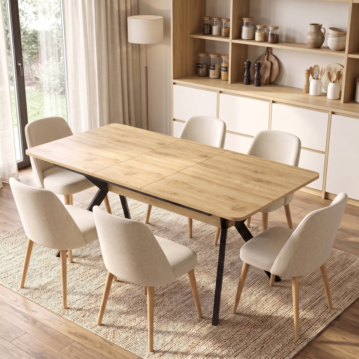 Mesa de comedor extensible para 4 a 6 personas, 130-170 cm, mesa de cocina rectangular, bordes redondeados, roble