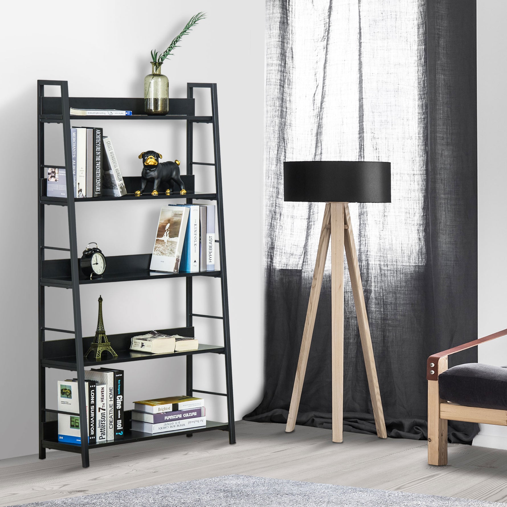 Étagère bibliothèque de Rangement Style Industriel incliné 5 Niveaux 70L x 35l x 150H cm Noir
