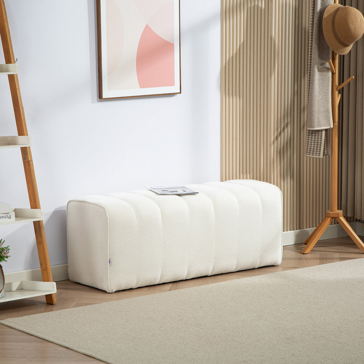 Banc bout de lit, banquette rembourrée, style moderne, ottoman en tissu aspect lin, 110 x 40 x 44 cm, crème