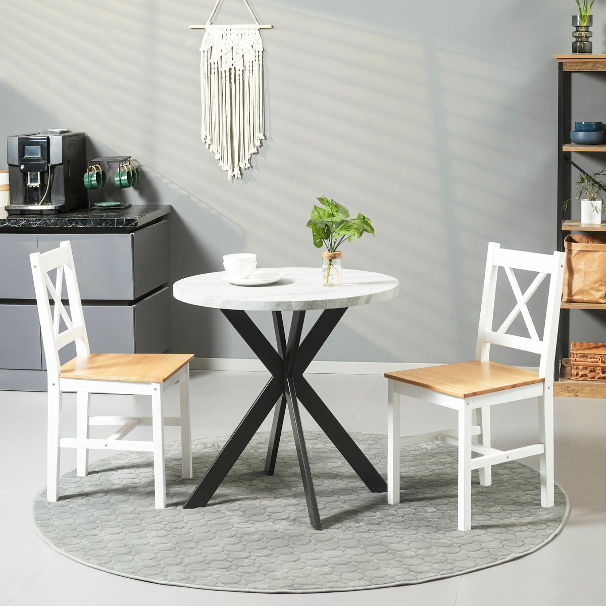 Lote de 2 sillas de comedor de madera maciza, silla de cocina estilo rústico con respaldo cruzado, color blanco y roble