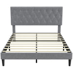 Estructura de cama de 140 x 190 cm con somier, cama doble tapizada en lino, cabecero capitoné, soporte de 10 listones, gris