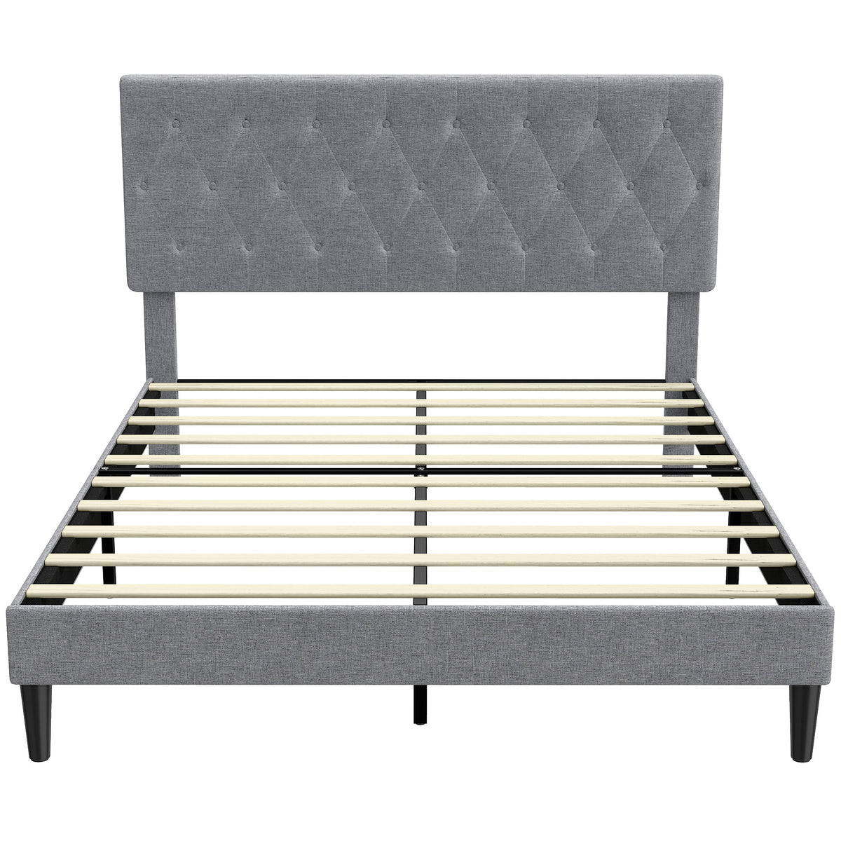 Estructura de cama de 140 x 190 cm con somier, cama doble tapizada en lino, cabecero capitoné, soporte de 10 listones, gris