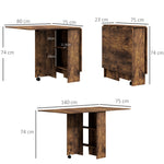 Table à Manger Pliante Mobile sur Roulettes, 2 Plateaux Rabattables, 2 Étagères Intégrées, 140x80x74cm, Brun Rustique
