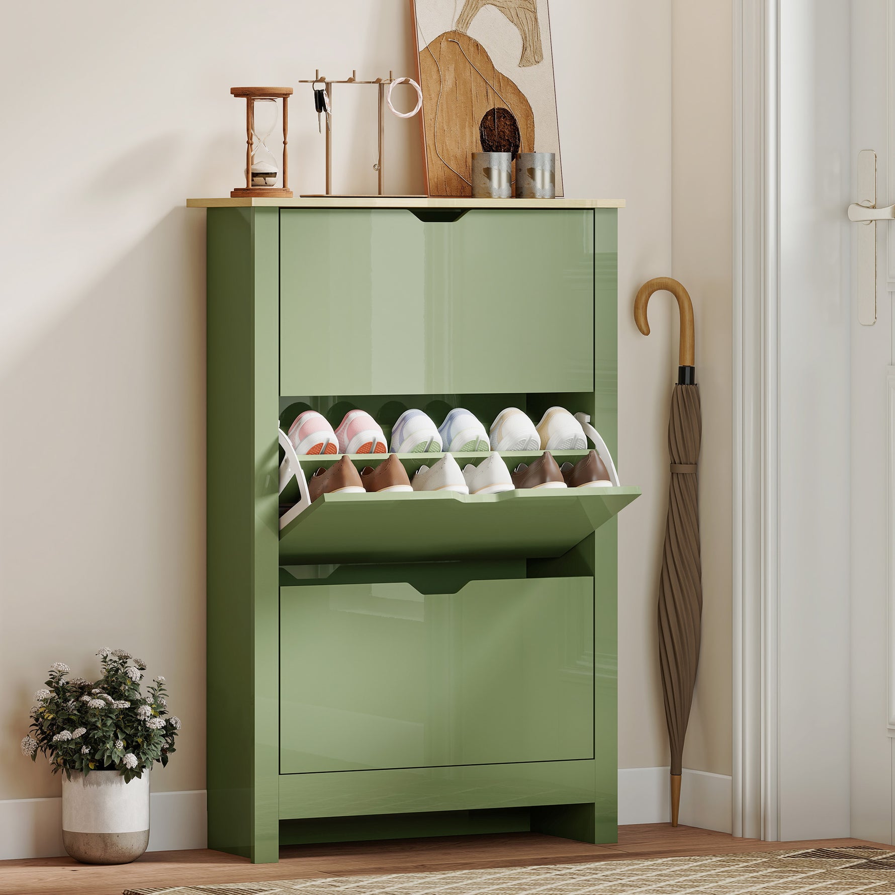Meuble à Chaussures 18 Paires, Armoire à Chaussures à Haute Brillance, 3 Tiroirs Rabattables, Étagères Réglables, Vert
