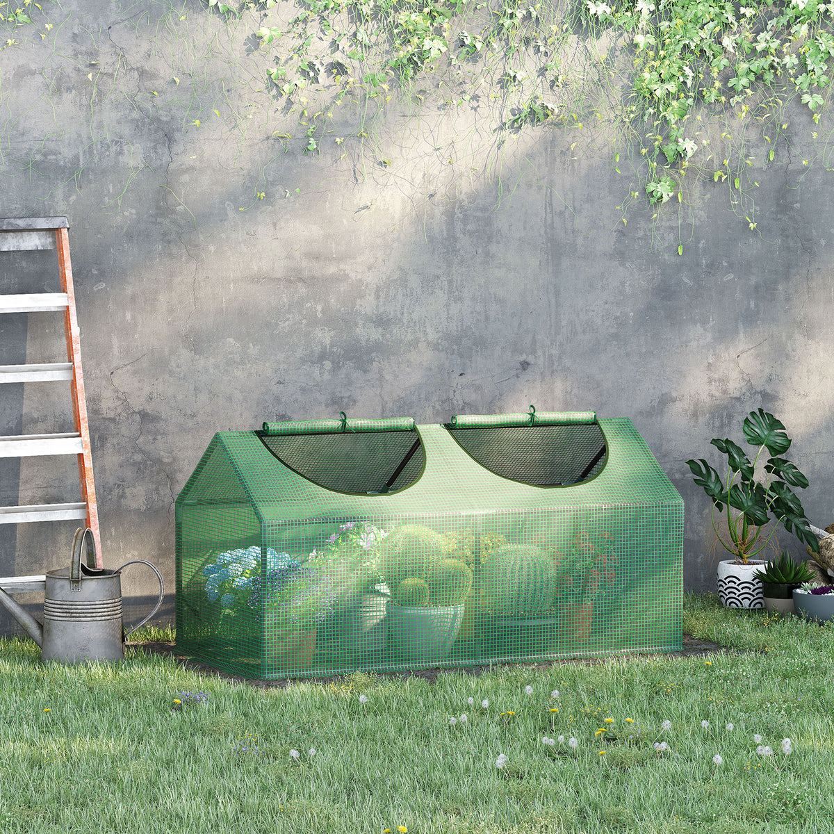 Serre de jardin mini serre 2 fenêtres enroulables couverture en PE haute densité 140 g/m² 120 x 60 x 60 cm vert foncé