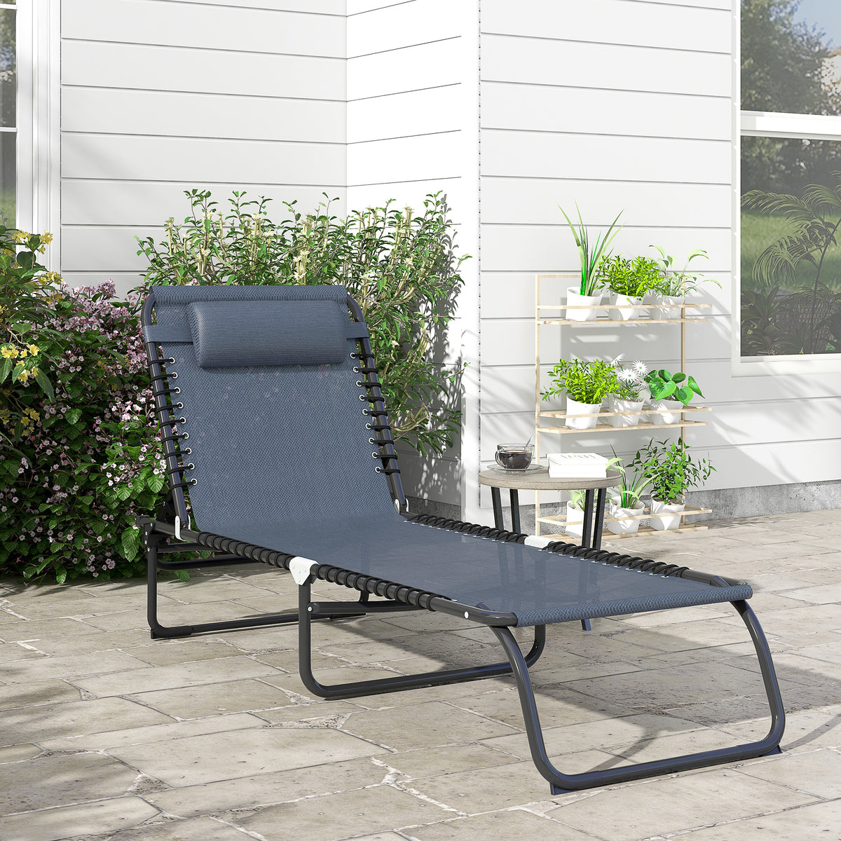 Eguzkitako etzangila tolesgarria, bizkarralde erregulagarria, posizio anitzekoa, altzairu termoplastikoa, lokarri elastikoak, beltza
