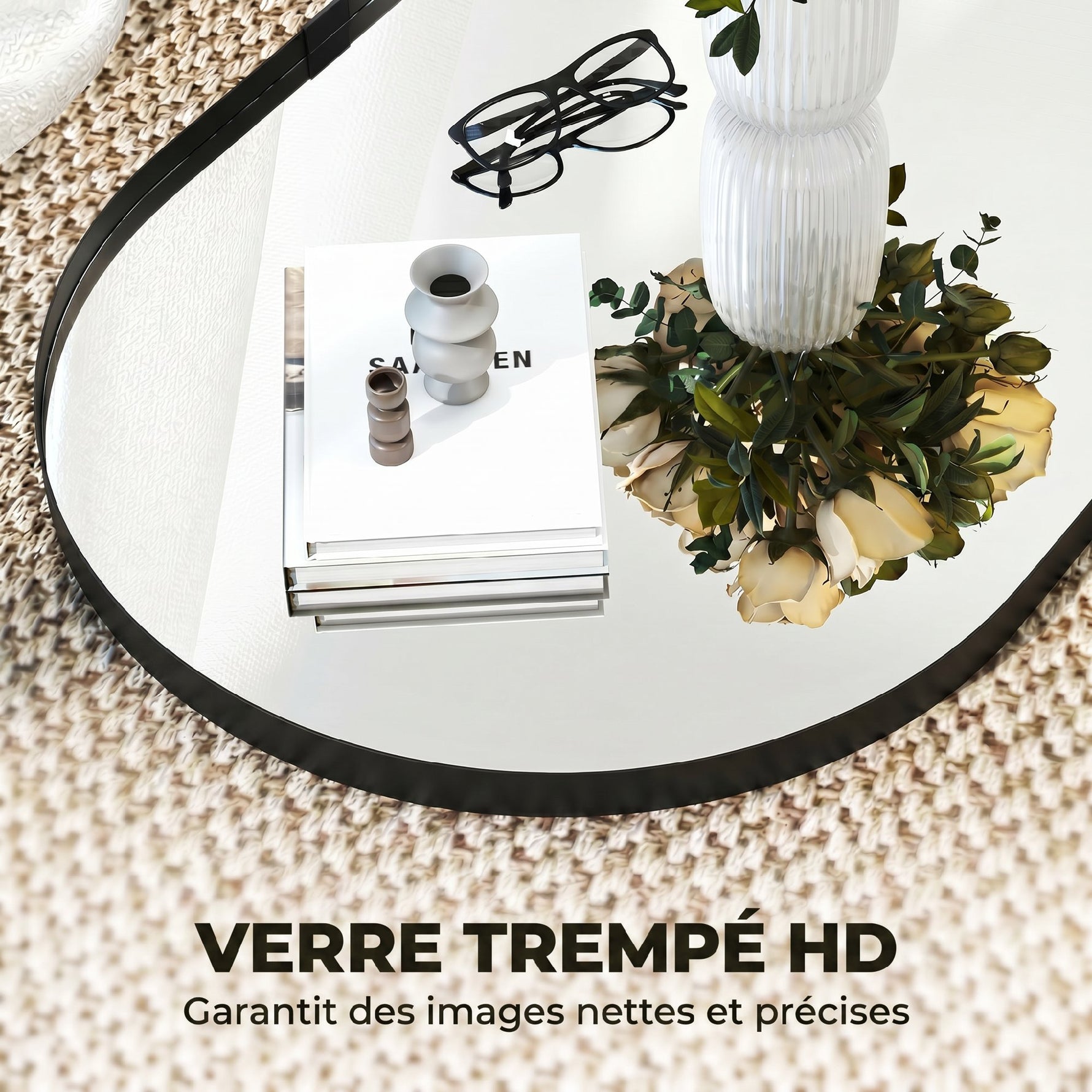 Miroir mural, miroir décoratif 60 x 90 cm en verre trempé et cadre en aluminium, pour chambre, salon, couloir, noir