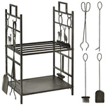 Porte-bûches range bûches étagère à bois de cheminée serviteur de cheminée cerf multi-accessoires 2 étagères dim. 51,5L x 33l x 77H cm métal noir or vieilli