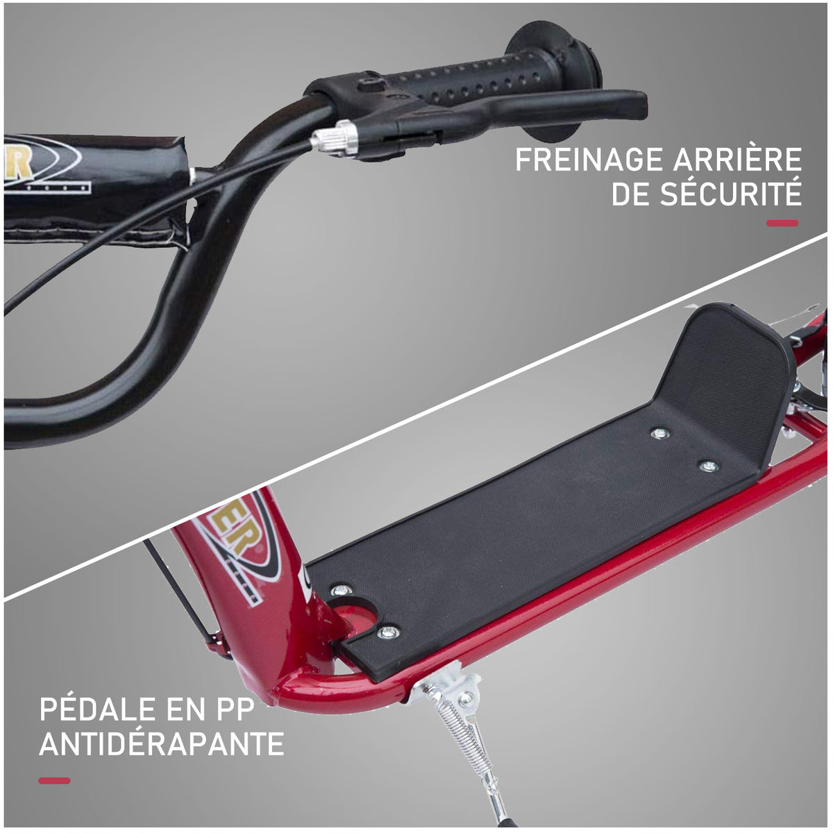 Trottinette enfant patinette pneus 30 cm Hauteur Guidon réglable poignée Frein et béquille Acier pour enfants à partir de 5 ans Rouge