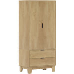 Armoire chambre penderie avec 2 portes à fermeture douce, 2 tiroirs et barre de suspension, 80x50x180cm, bois naturel