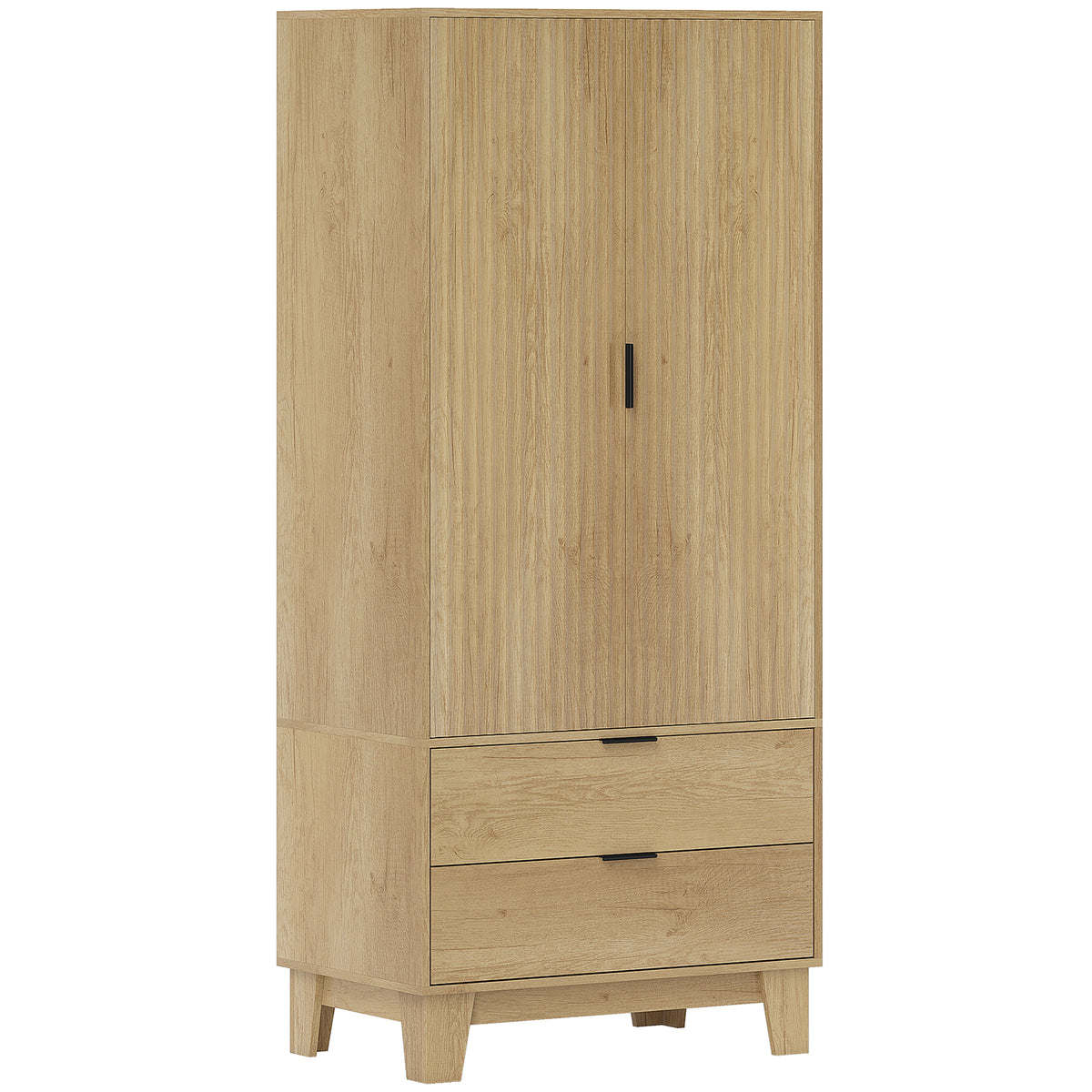 Armoire chambre penderie avec 2 portes à fermeture douce, 2 tiroirs et barre de suspension, 80x50x180cm, bois naturel