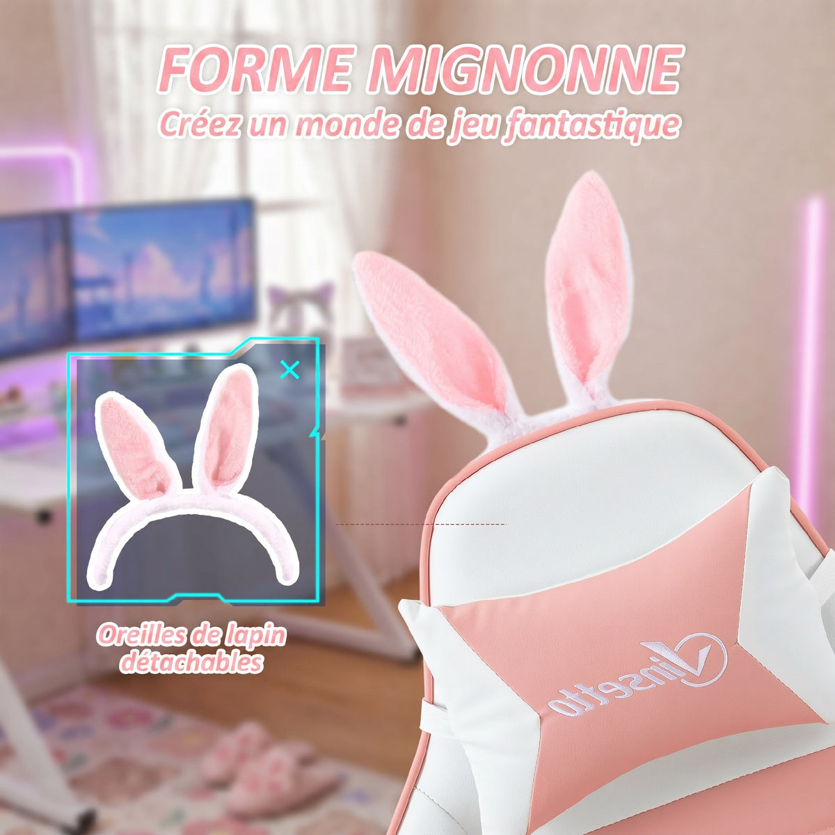 Silla gaming con soporte lumbar, altura ajustable, respaldo reclinable, orejas de conejo y reposacabezas, rosa