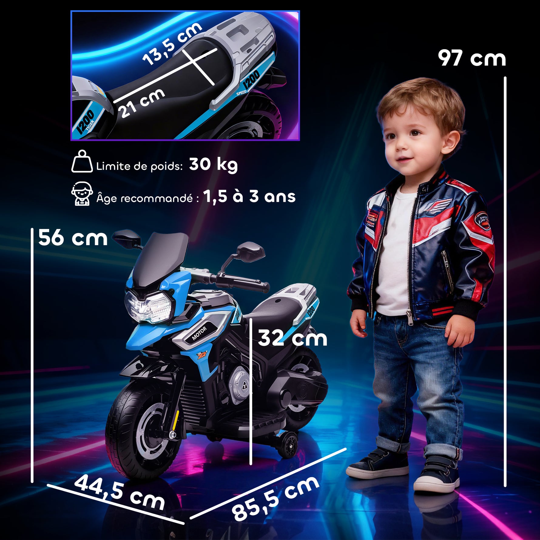 Moto électrique enfants 6 V, voiture électrique enfants avec roues d'entraînement, musique, effets lumineux, bleu