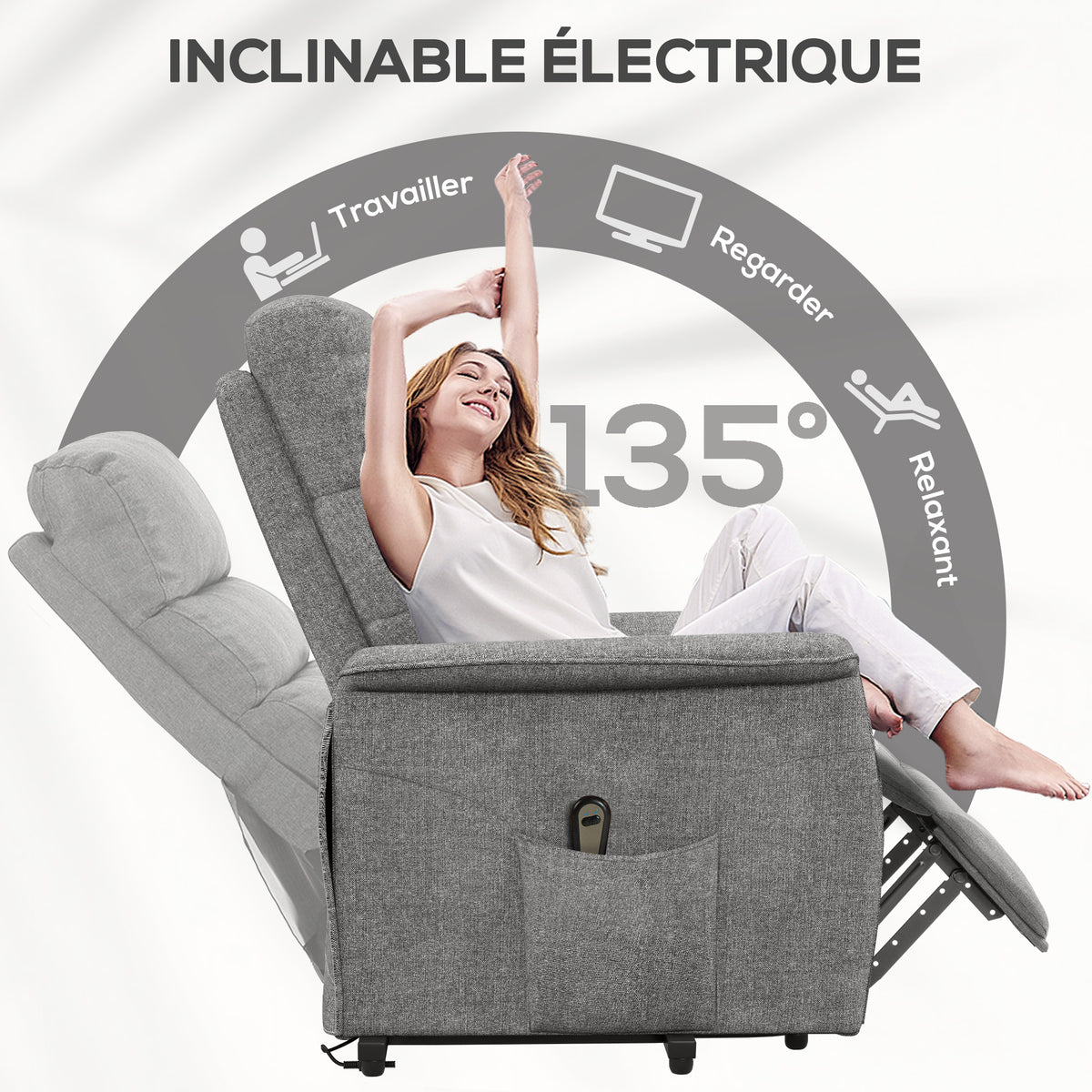 Fauteuil releveur électrique avec repose-pied dossier inclinable télécommande et pochette gris-4